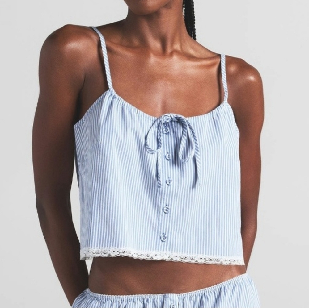 SKIMS Cotton Poplin Cropped Camisole Blue Stripes Women's XL NWT